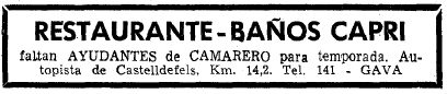 Anuncio del restaurante-balneario Capri de Gav Mar publicado en el diario La Vanguardia el 17 de Julio de 1969 buscando ayudantes de camarero